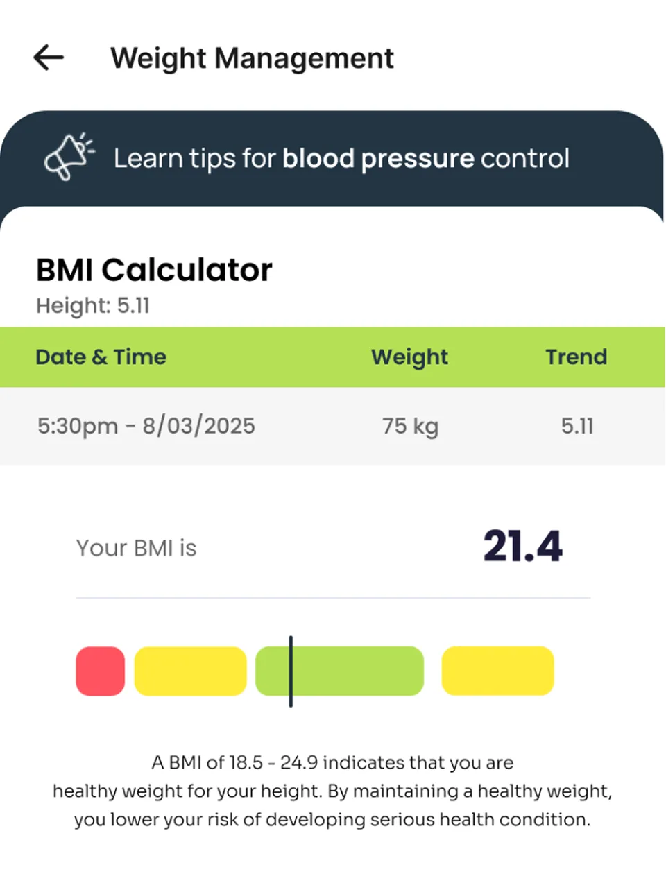 Weight management and BMI calculator screen
